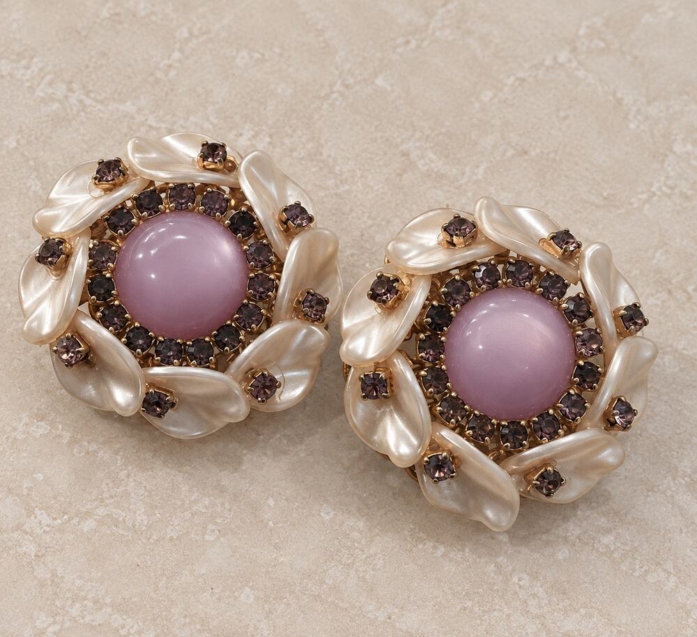 Vintage Mother of Pearl and purple rhinestone clip on earrings